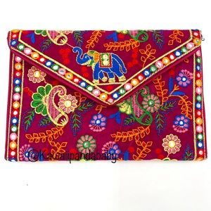 Velvet Pink Rainbow Embroidered Elephant Envelope Clutch Handbag Made in India